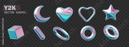 Y2k holographic shapes. Geometric 3D metal shapes in trendy retro futuristic design. Realistic vector in retro futuristic style.