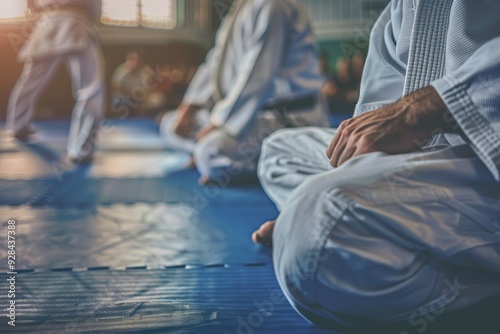 Two BJJ athletes train in gi at martial arts academy on tatami mats focusing on ground fighting for self defense photo