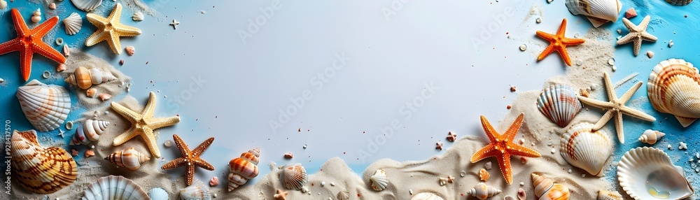 Fun Beach Themed Frame with Seashells Sand and Bright Colors on Transparent Background