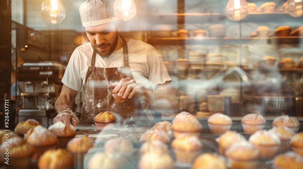 A baker skillfully decorating pastries in a cozy, bright bakery, showcasing warm colors and inviting ambiance. A baker skillfully decorating pastries in a cozy, bright bakery, showcasing warm colors and inviting ambiance.