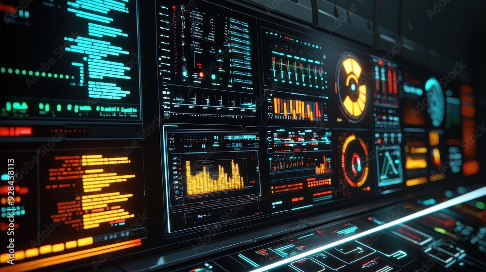 Futuristic Control Panel with Glowing Screens. Futuristic Control Panel with Glowing Screens.