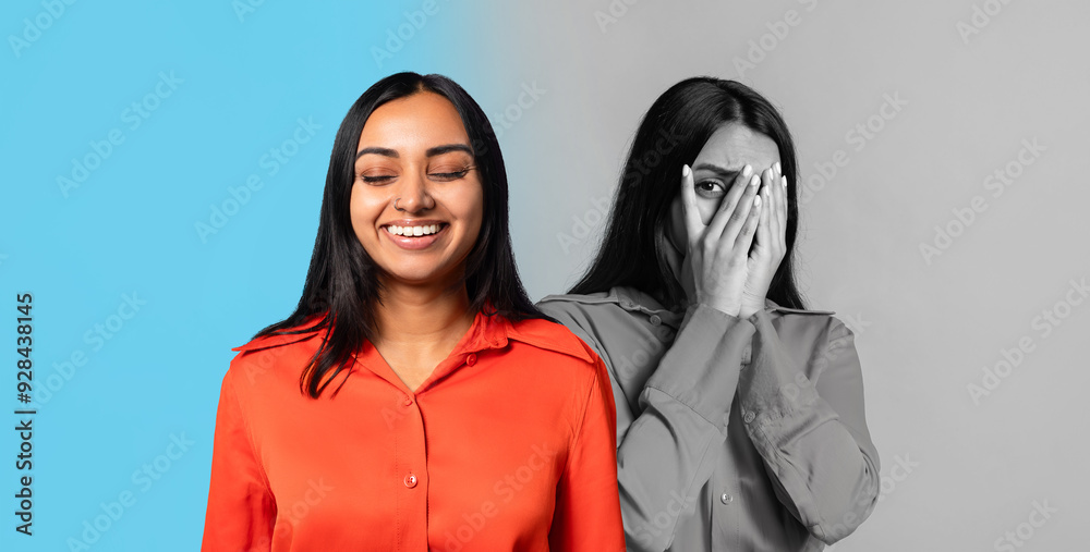 Indian woman stands confidently in a vibrant orange shirt while smiling, embodying joy and positivity. In contrast, another version of her appears in grayscale, covering her face with her hands Indian woman stands confidently in a vibrant orange shirt while smiling, embodying joy and positivity. In contrast, another version of her appears in grayscale, covering her face with her hands