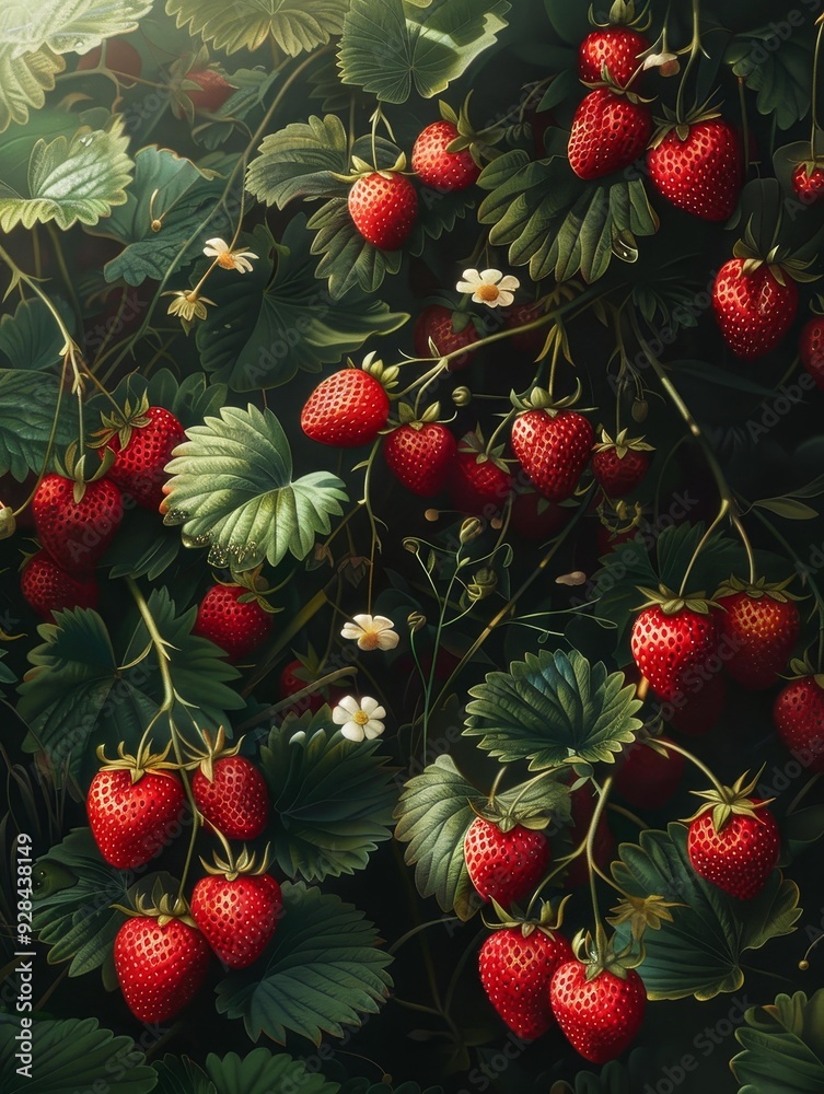 A vibrant image of a strawberry patch bursting with ripe red strawberries, bathed in warm sunlight. The lush green leaves create a beautiful backdrop, symbolizing freshness, abundance, and the sweetne A vibrant image of a strawberry patch bursting with ripe red strawberries, bathed in warm sunlight. The lush green leaves create a beautiful backdrop, symbolizing freshness, abundance, and the sweetne