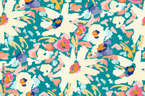 Abstract floral seamless pattern. Bright colors, gouache painting.hand drawn, not AI