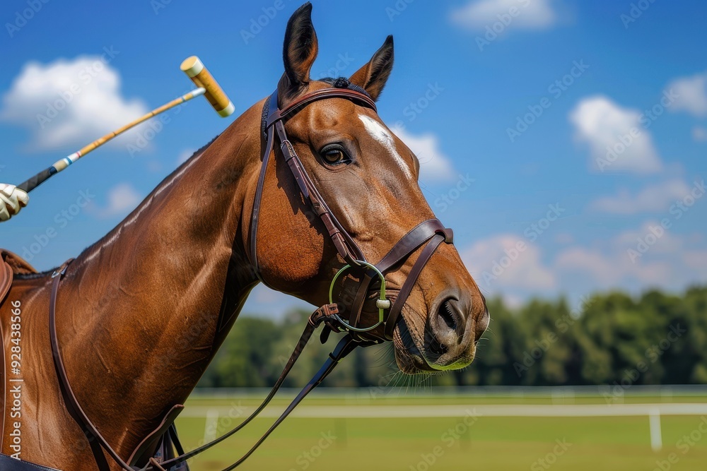 Obraz premium Young stallion polo player with shaved mane in natural setting Blue sky green field