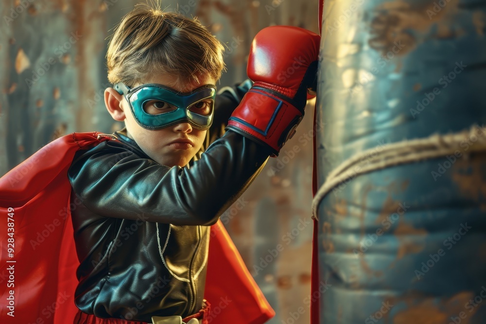 Young superhero wearing red gloves punching a bag Symbolizes victory and achievement Young superhero wearing red gloves punching a bag Symbolizes victory and achievement