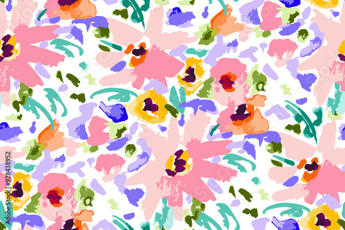 Abstract floral seamless pattern. Bright colors, gouache painting.hand drawn, not AI