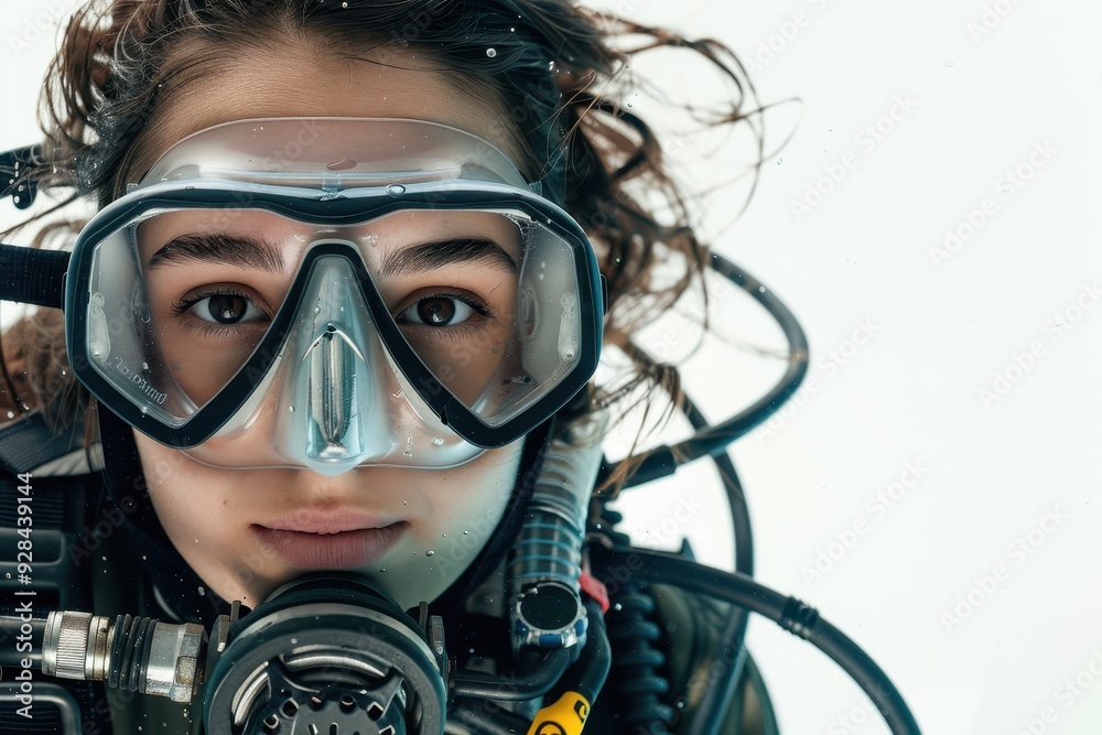 Young woman diver posing in studio with diving equipment smiling and looking at the camera Young woman diver posing in studio with diving equipment smiling and looking at the camera