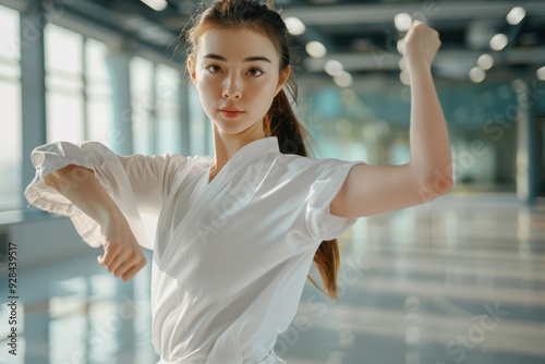 Young woman practicing tai chi chuan in gym Chinese management skill Qi s energy health lifestyle photo