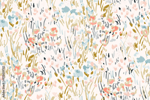 Cute feminine seamless watercolor pattern with little tiny wildflowers, hand drawn, not AI