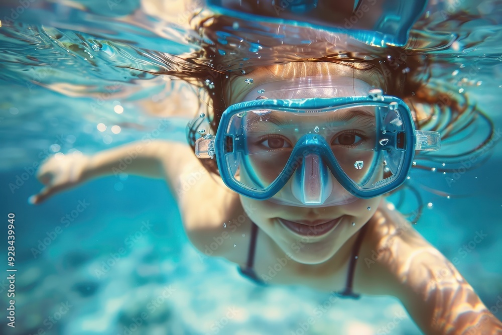 Naklejka premium Youngster plunging and swimming underwater in pool summer or sports motif