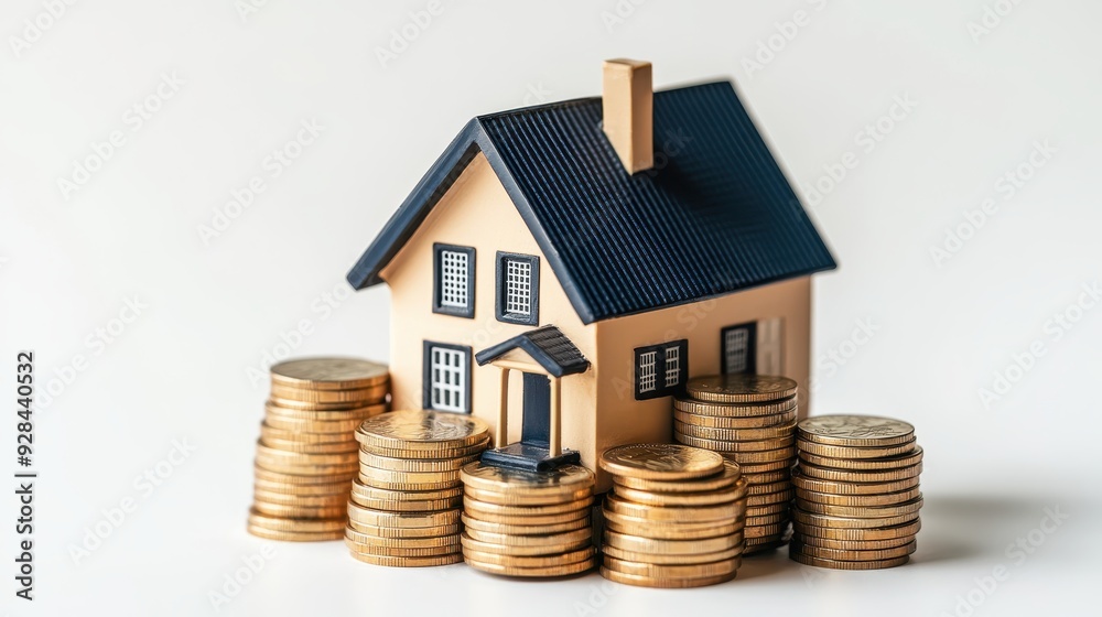 Real estate investment with A miniature house model surrounded by stacks of coins on a table, symbolizing real estate investment and financial growth,Concept for property ladder,Saving money. Real estate investment with A miniature house model surrounded by stacks of coins on a table, symbolizing real estate investment and financial growth,Concept for property ladder,Saving money.