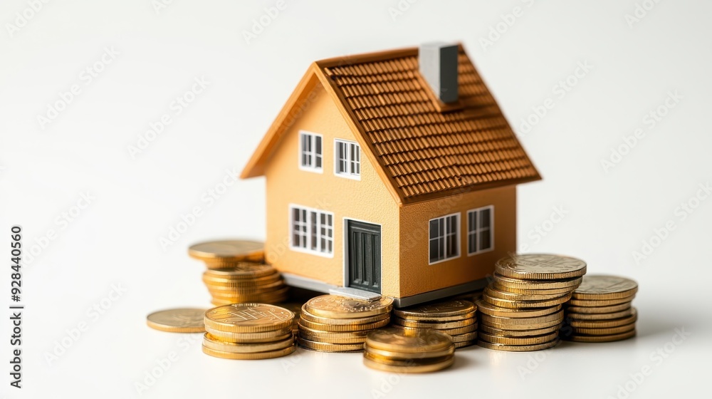 Real estate investment with A miniature house model surrounded by stacks of coins on a table, symbolizing real estate investment and financial growth,Concept for property ladder,Saving money. Real estate investment with A miniature house model surrounded by stacks of coins on a table, symbolizing real estate investment and financial growth,Concept for property ladder,Saving money.