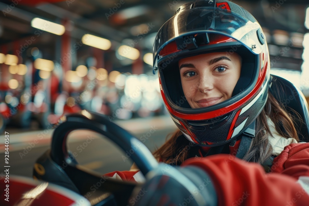 Youthful female in helmet driving kart indoors Youthful female in helmet driving kart indoors