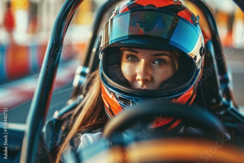 Youthful woman wearing helmet driving kart outdoors