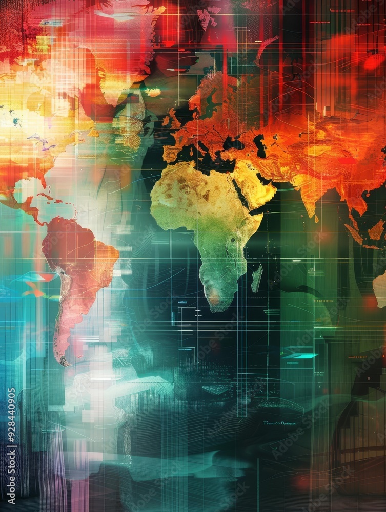 Obraz premium A world map with vibrant colors and a digital grid overlay, symbolizing interconnectedness, global communication, technology, innovation, and progress.