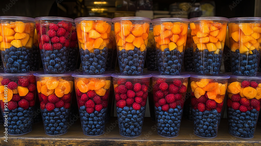Colorful prepackaged fruit salads arranged in plastic containers at a market stand Colorful prepackaged fruit salads arranged in plastic containers at a market stand