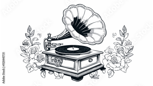 Retro Phonograph Gramophone Vintage Sketch Style - Music Record Old Player Speaker Vinyl Antique Horn Turntable Megaphone Audio 1900
