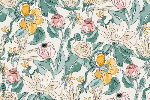 Abstract floral seamless pattern. Bright colors, gouache painting.hand drawn, not AI