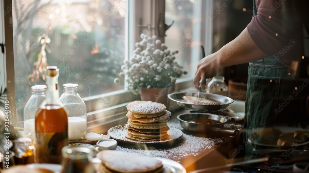 A cozy kitchen scene featuring a stack of pancakes, fresh ingredients, and a beautiful window view, perfect for food lovers.
