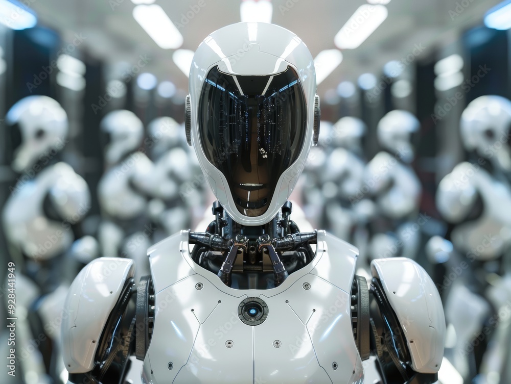 Futuristic humanoid robots stand in a high-tech facility during the day, showcasing advanced artificial intelligence technology Futuristic humanoid robots stand in a high-tech facility during the day, showcasing advanced artificial intelligence technology