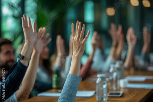 seminar and questions with business people hands raised in the boardroom during a strategy session. Planning, workshop and a group of colleagues or employees volunteering to answer, Generative AI