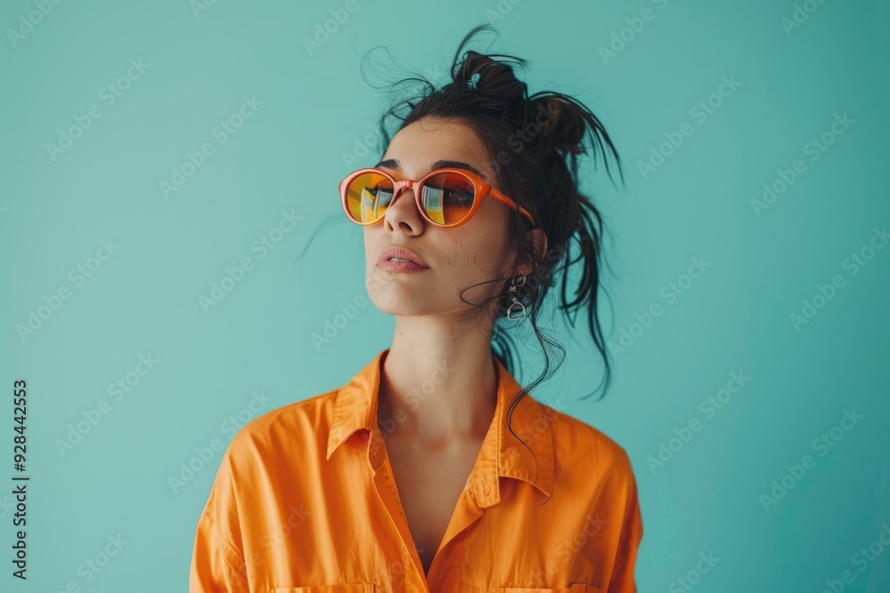 A woman wearing an orange shirt and sunglasses, great for casual use A woman wearing an orange shirt and sunglasses, great for casual use