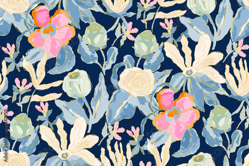 Abstract floral seamless pattern. Bright colors, gouache painting.hand drawn, not AI