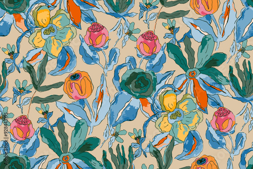 Abstract floral seamless pattern. Bright colors, gouache painting.hand drawn, not AI