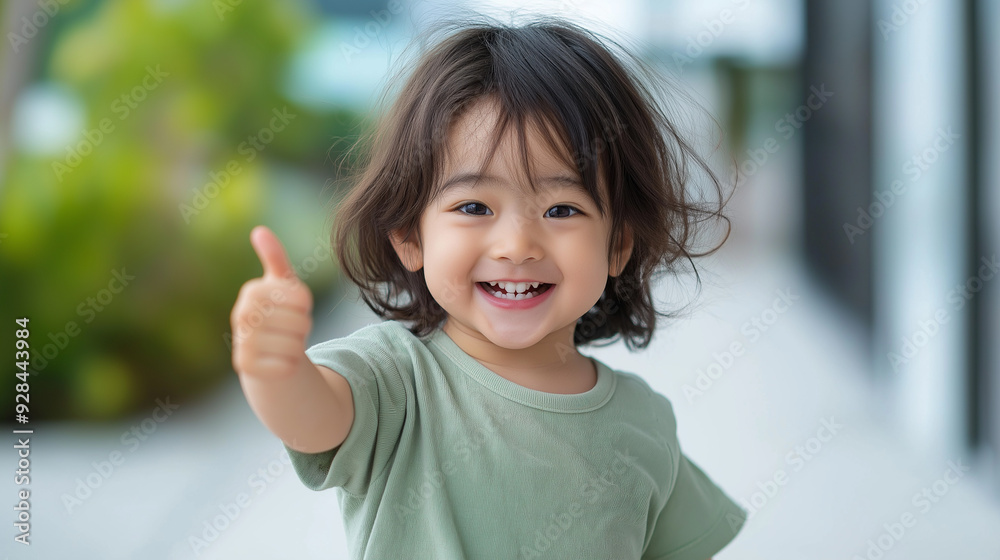 A child making a thumbs-up gesture with a bright smile conveys happiness and cheerfulness. A child making a thumbs-up gesture with a bright smile conveys happiness and cheerfulness.