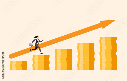 Businesswoman climbing a pile of silver coins aiming at a higher pile of coins. Financial goals. Wealth management and investment plans to achieve goals. Income or salary growth concept.