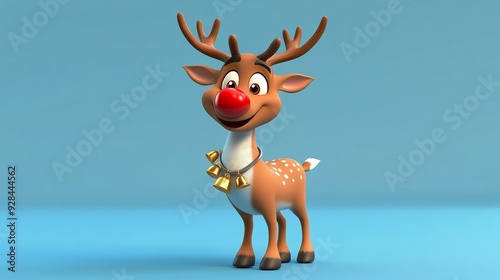 A 3D cartoon reindeer with a shiny nose on a pastel blue background