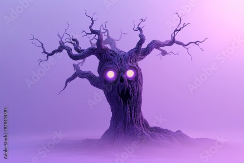 A 3D spooky tree with glowing eyes on a pastel lavender background
