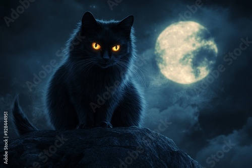 A witchs black cat with glowing eyes on a full moon night background