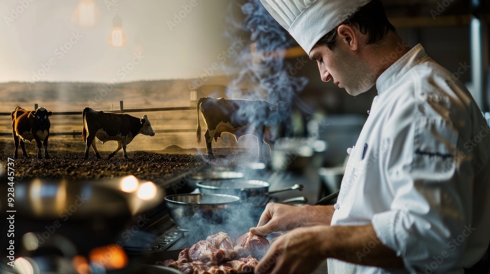 A skilled chef preparing gourmet cuisine with fresh ingredients, exuding passion and dedication in a modern kitchen.