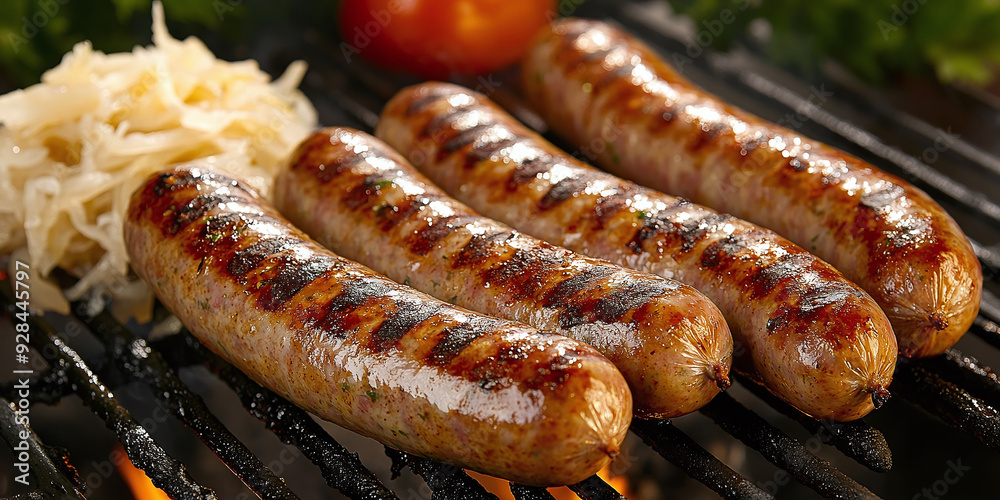 Bratwurst Sausages: Juicy, perfectly grilled bratwurst sausages are served hot off the grill, their golden-brown casings crisp and caramelized. Bratwurst Sausages: Juicy, perfectly grilled bratwurst sausages are served hot off the grill, their golden-brown casings crisp and caramelized.