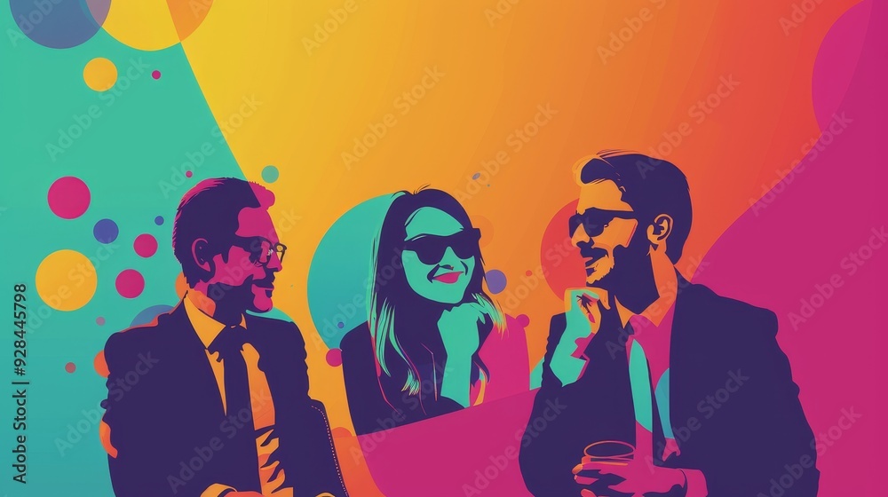 Three business colleagues in a meeting, with a modern and vibrant colorful background, conveying a sense of energy, collaboration, and innovation. Three business colleagues in a meeting, with a modern and vibrant colorful background, conveying a sense of energy, collaboration, and innovation.