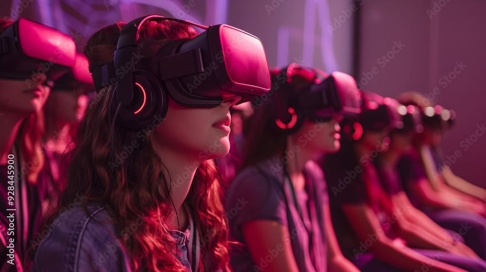 Group of Students Wearing VR Headsets Participating in Interactive Virtual Classroom Session Group of Students Wearing VR Headsets Participating in Interactive Virtual Classroom Session