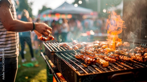 A vibrant barbecue scene with a person grilling meat, capturing the essence of outdoor cooking and summer gatherings.