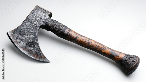 Ancient battle axe with detailed handle carvings, patinacovered blade,