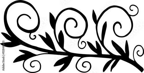 Decorative elements of curls with leaves. Vector illustration. Hand drawing.