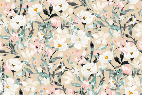 Cute feminine watercolor seamless pattern with wildflowers.hand drawn, not AI photo