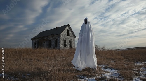 A ghostly figure in a white sheet on an old abandoned house background photo