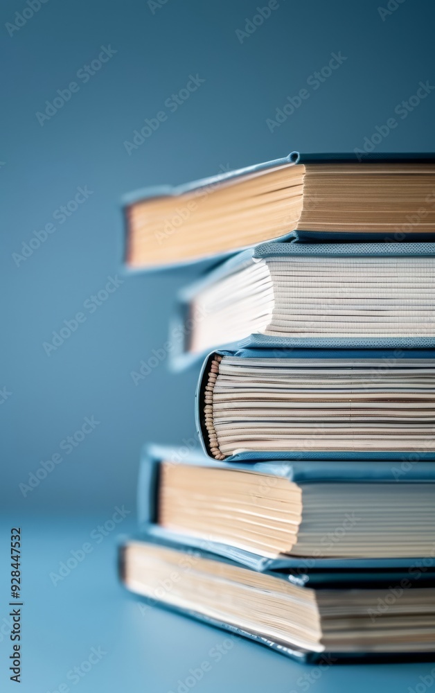 A close-up view of stacked books with a soft blue background, highlighting their textured spines and crisp pages for a cozy reading vibe. A close-up view of stacked books with a soft blue background, highlighting their textured spines and crisp pages for a cozy reading vibe.