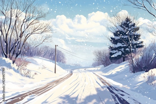 Winter's Enchanted Path: anime-style Illustration of a Winding Road in Snow, Perfect for Christmas and 2025 New Year's Festive Marketing and Travel Posters in 4K,Anime-Style,illustration,Picture Books