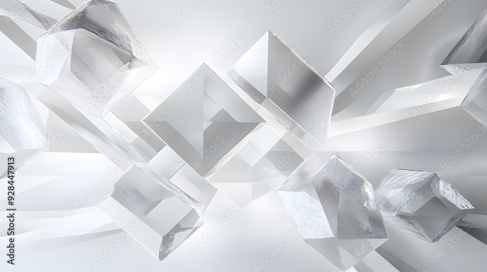 74. Futuristic 3D wall art with layered shapes and floating prisms creating a sophisticated geometric pattern on white. 74. Futuristic 3D wall art with layered shapes and floating prisms creating a sophisticated geometric pattern on white.