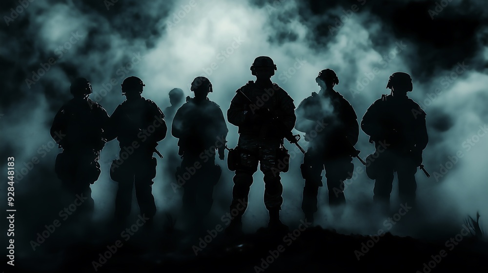 military squad sillhouette with smoke military squad sillhouette with smoke