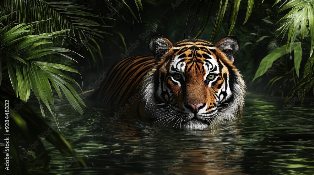 Fototapeta premium Tiger Emerging from Water in Lush Jungle.