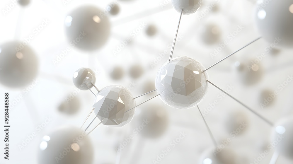 Obraz premium 23. Interconnected, floating spheres and polygons forming a complex geometric structure against a white canvas.