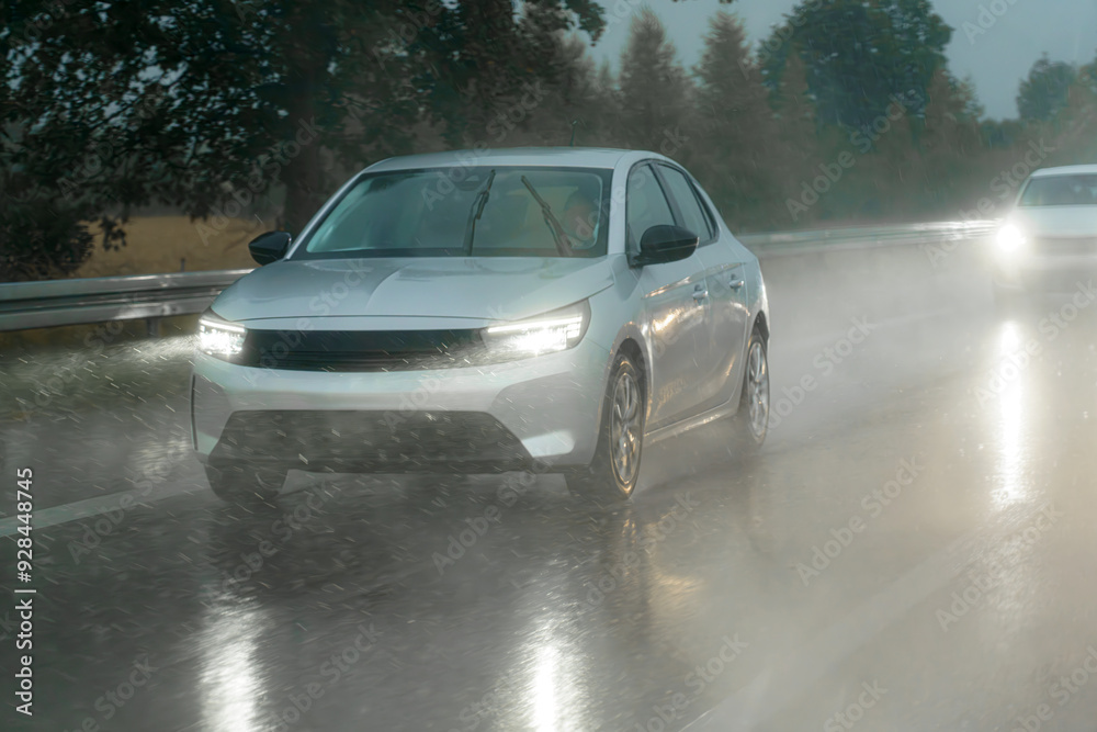 Rain while driving on the motorway in the evening. Rain while driving on the motorway in the evening.